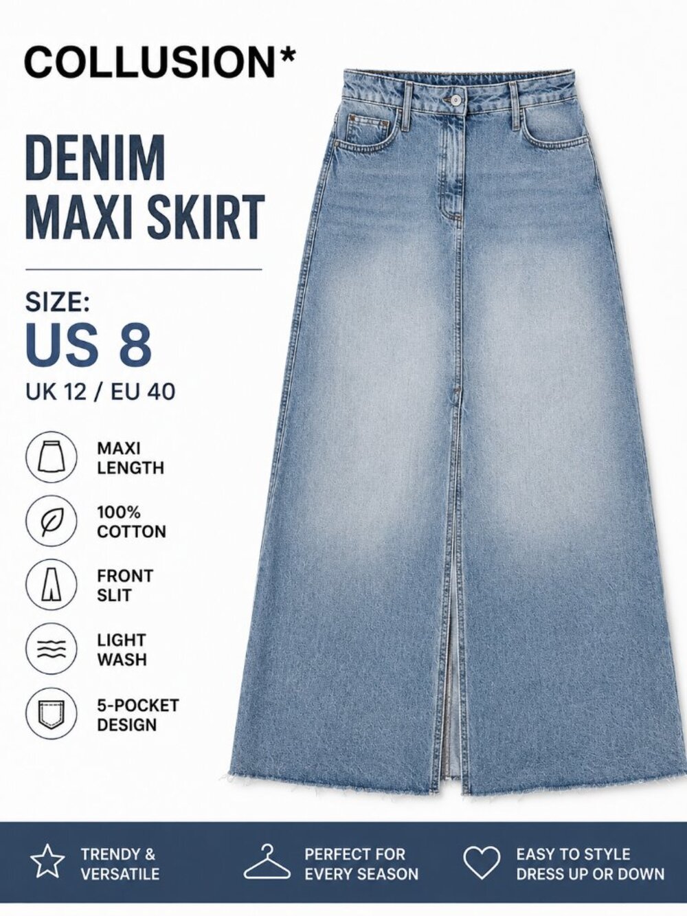 COLLUSION Y2K Casual Light Wash Denim Maxi Skirt Size 8 Raw Hem